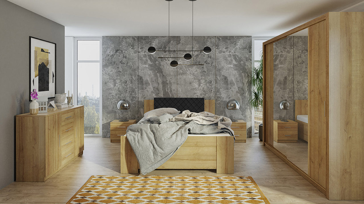 Schlafzimmer-Set Catromi 115 (Goldene Eichenholzoptik + Soft Pik 011)
