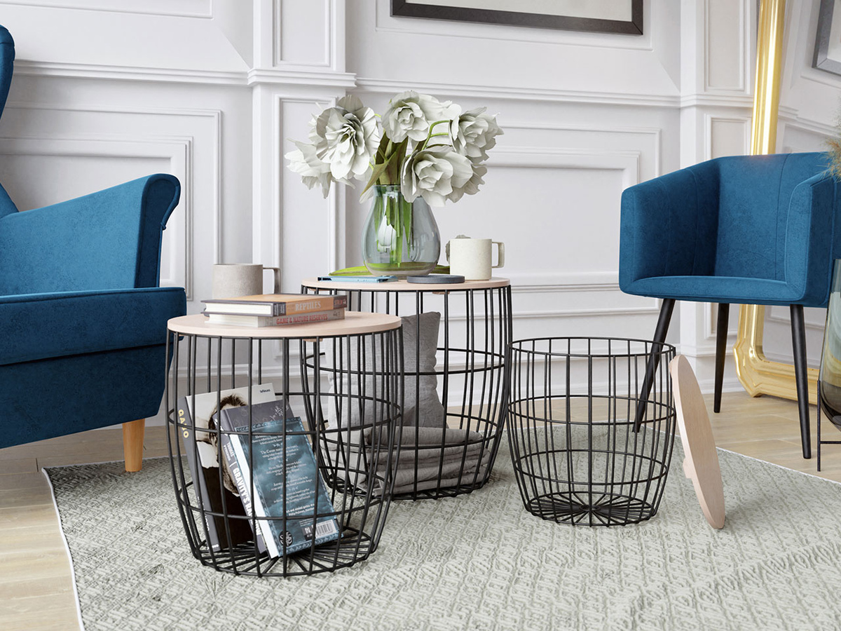 Beistelltische-Set Aedifis (Schwarz + Helles Holz)