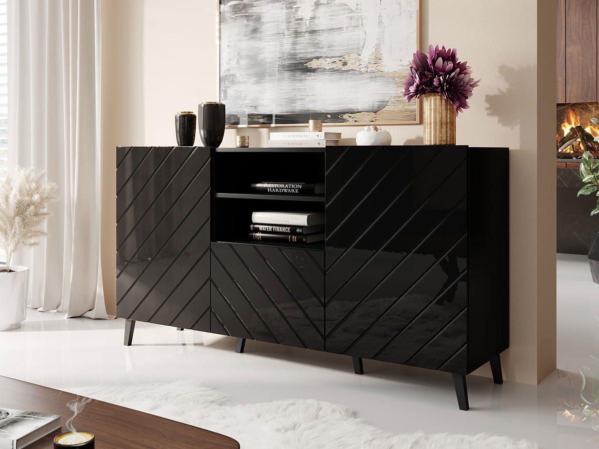 Kommoden Charlotte 143 (Schwarz + Schwarz glänzend)