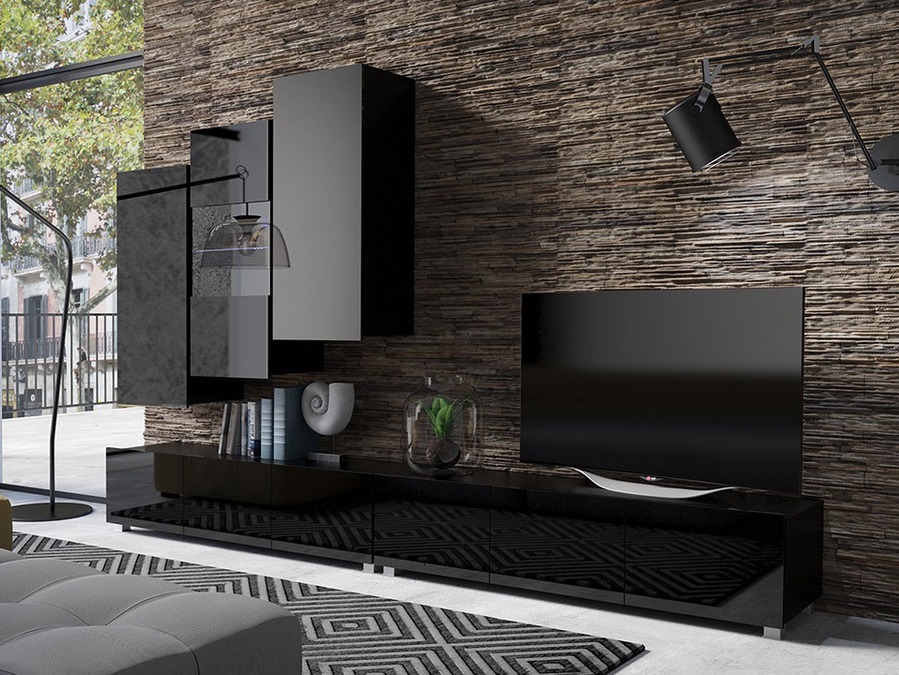 Wohnzimmer-Sets Tivdalu 133 (Schwarz + Schwarz glänzend)