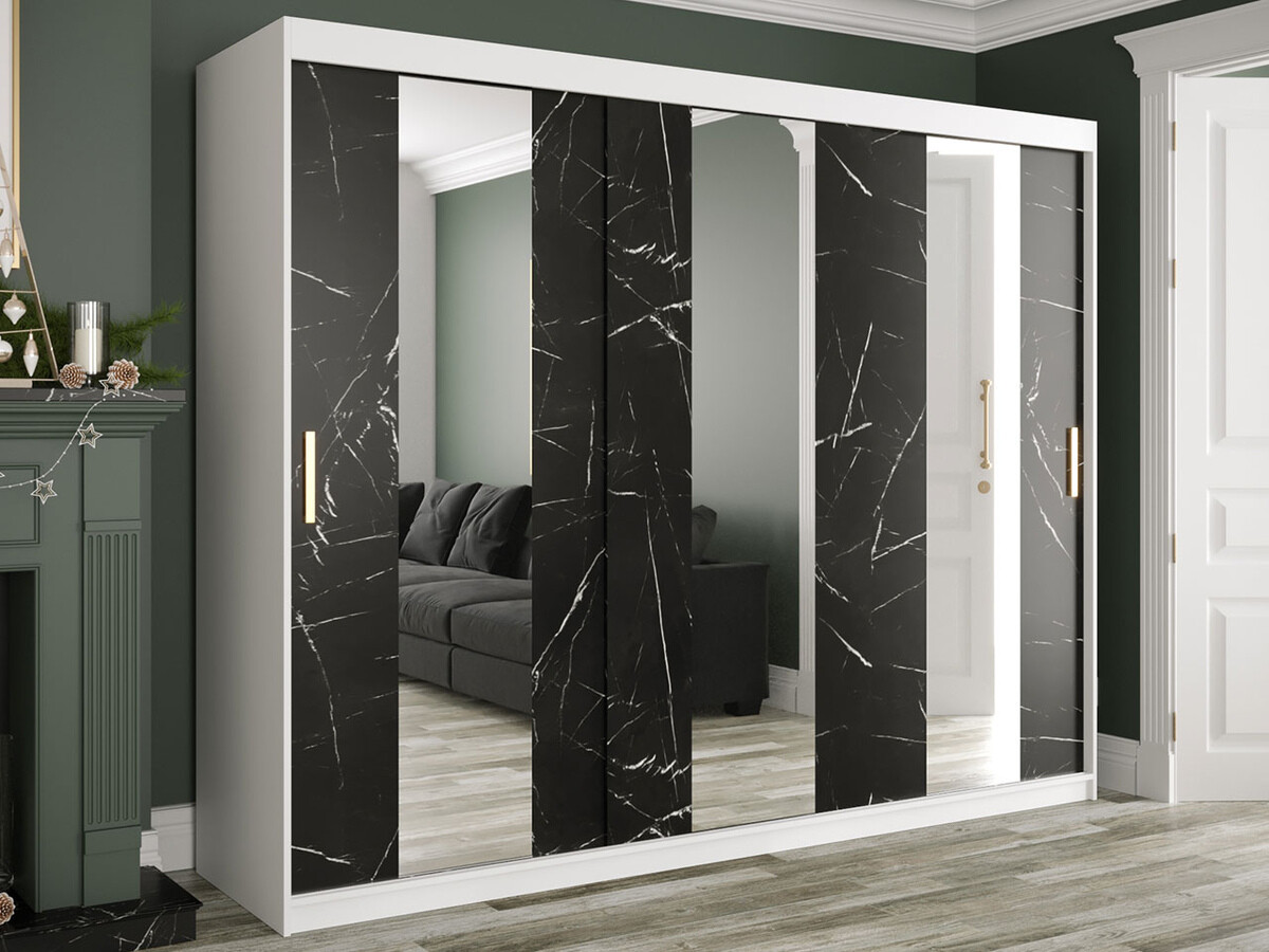 Kleiderschrank Hartford 245 (Matt weiß + Schwarzer Marmor)