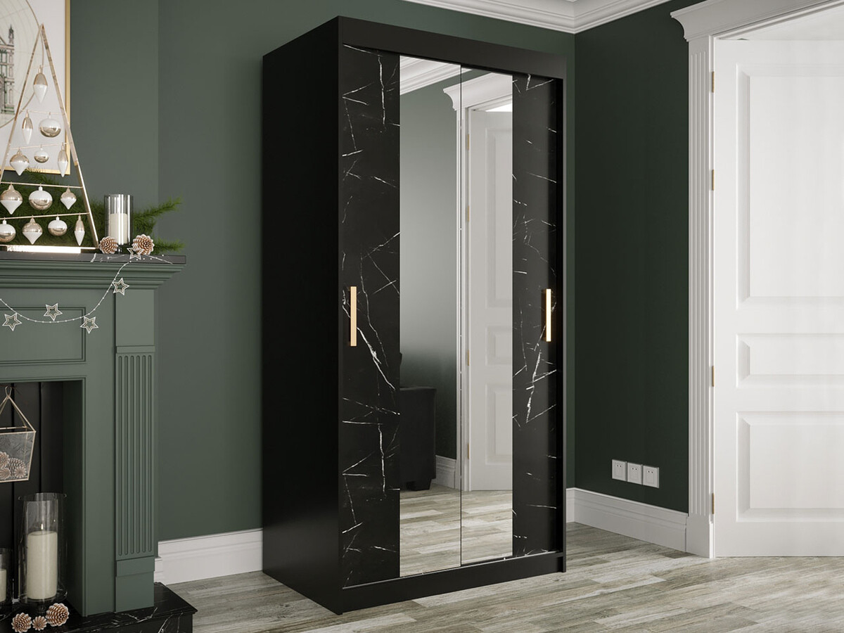 Kleiderschrank Hartford 252 (Mattschwarz + Schwarzer Marmor)