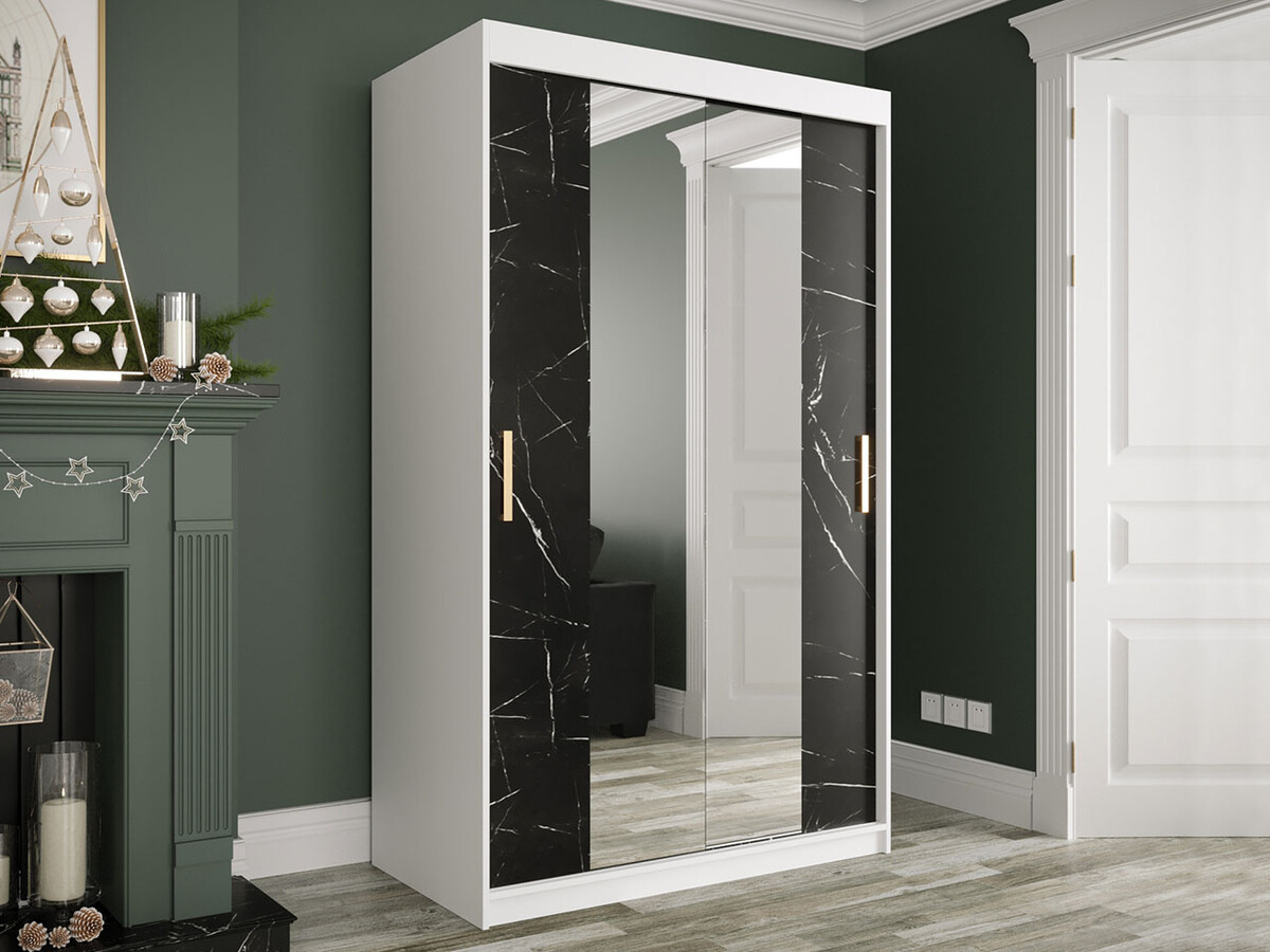 Kleiderschrank Hartford 253 (Matt weiß + Schwarzer Marmor)