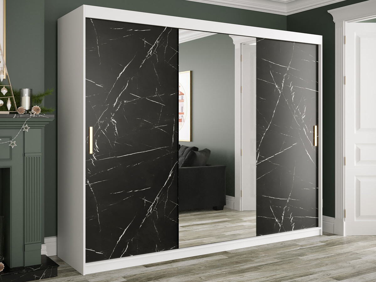 Kleiderschrank Hartford 257 (Matt weiß + Schwarzer Marmor)