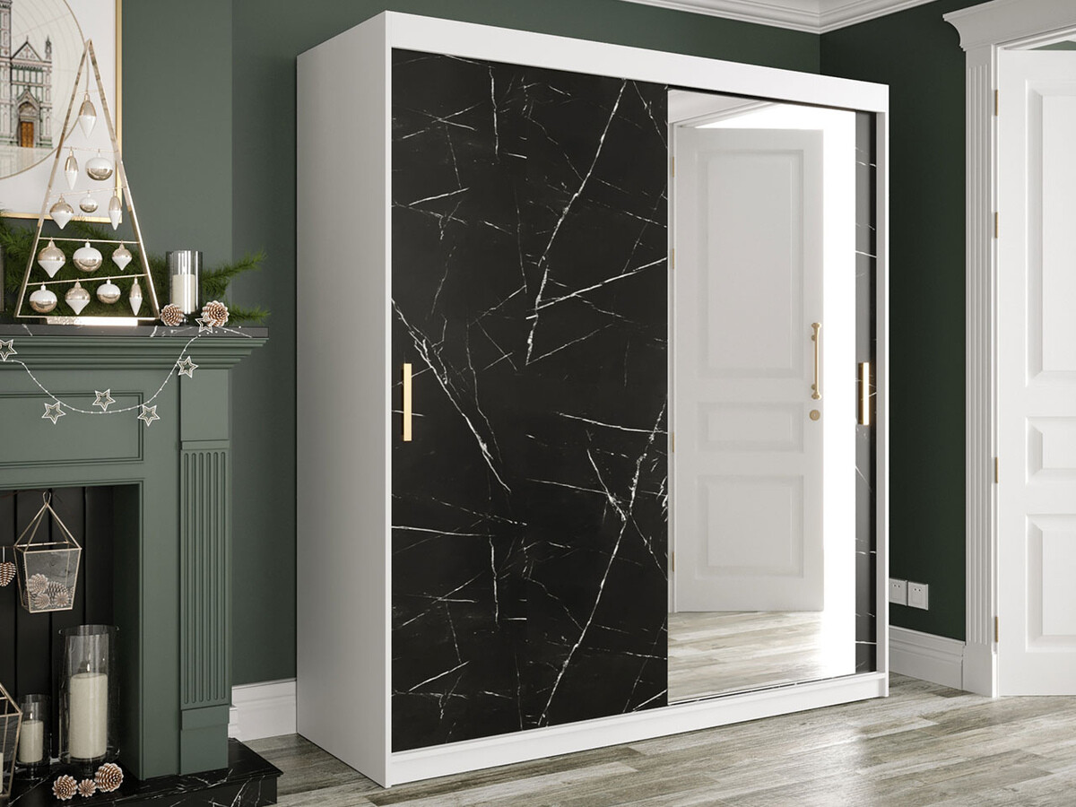 Kleiderschrank Hartford 261 (Matt weiß + Schwarzer Marmor)