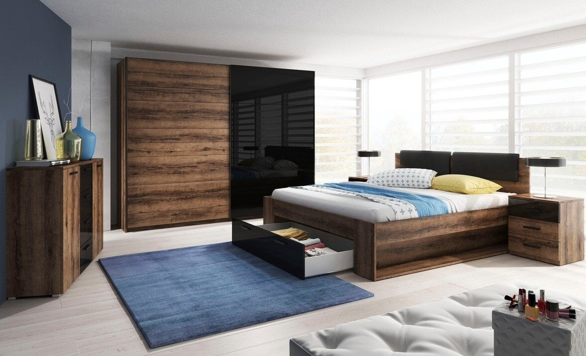 Bett Levruvu 106 (Monastery Eichenholzoptik + Schwarz glänzend)