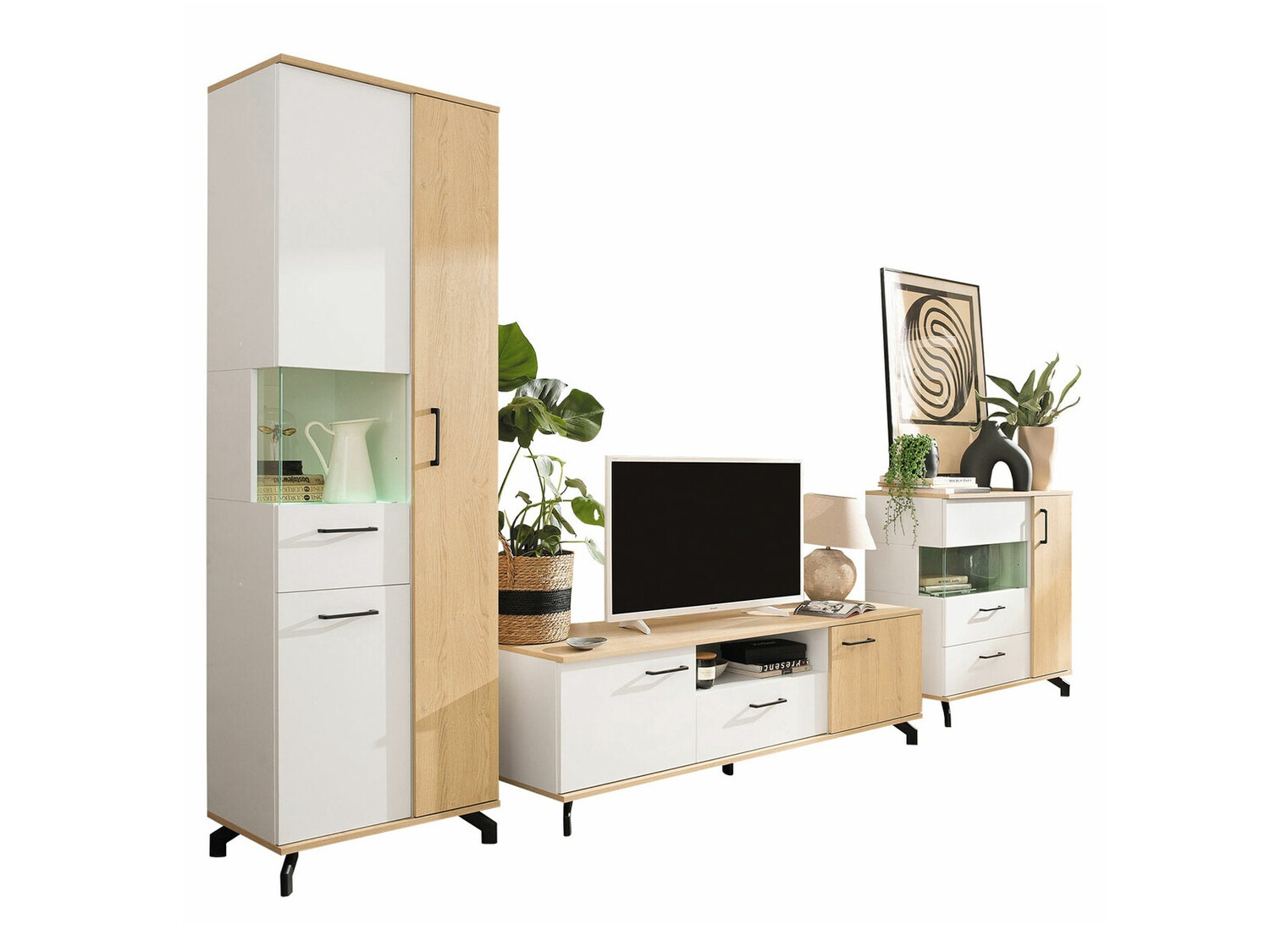 Wohnzimmer-Sets Omaha S115 (Weiß + Eichenholzoptik hell)
