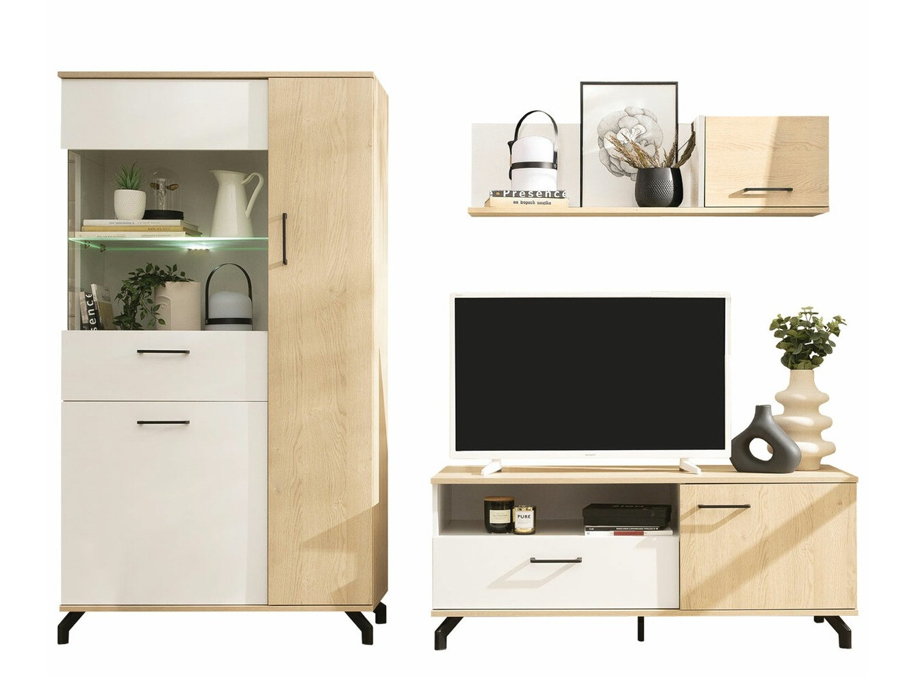 Wohnzimmer-Sets Omaha S118 (Weiß + Eichenholzoptik hell)