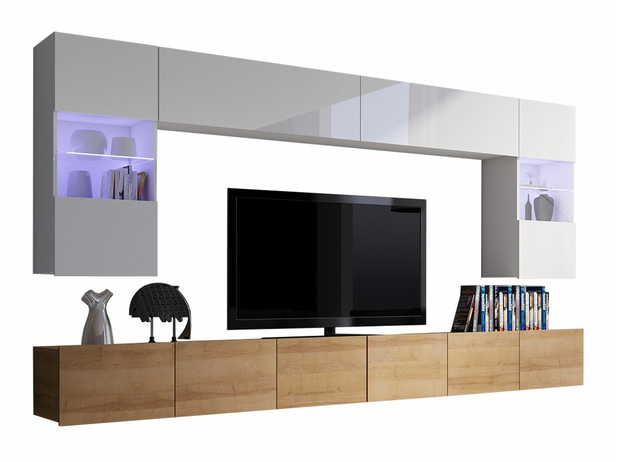 Wohnzimmer-Sets Remus I (Goldene Eichenholzoptik + Weiß + Weiß glänzend)