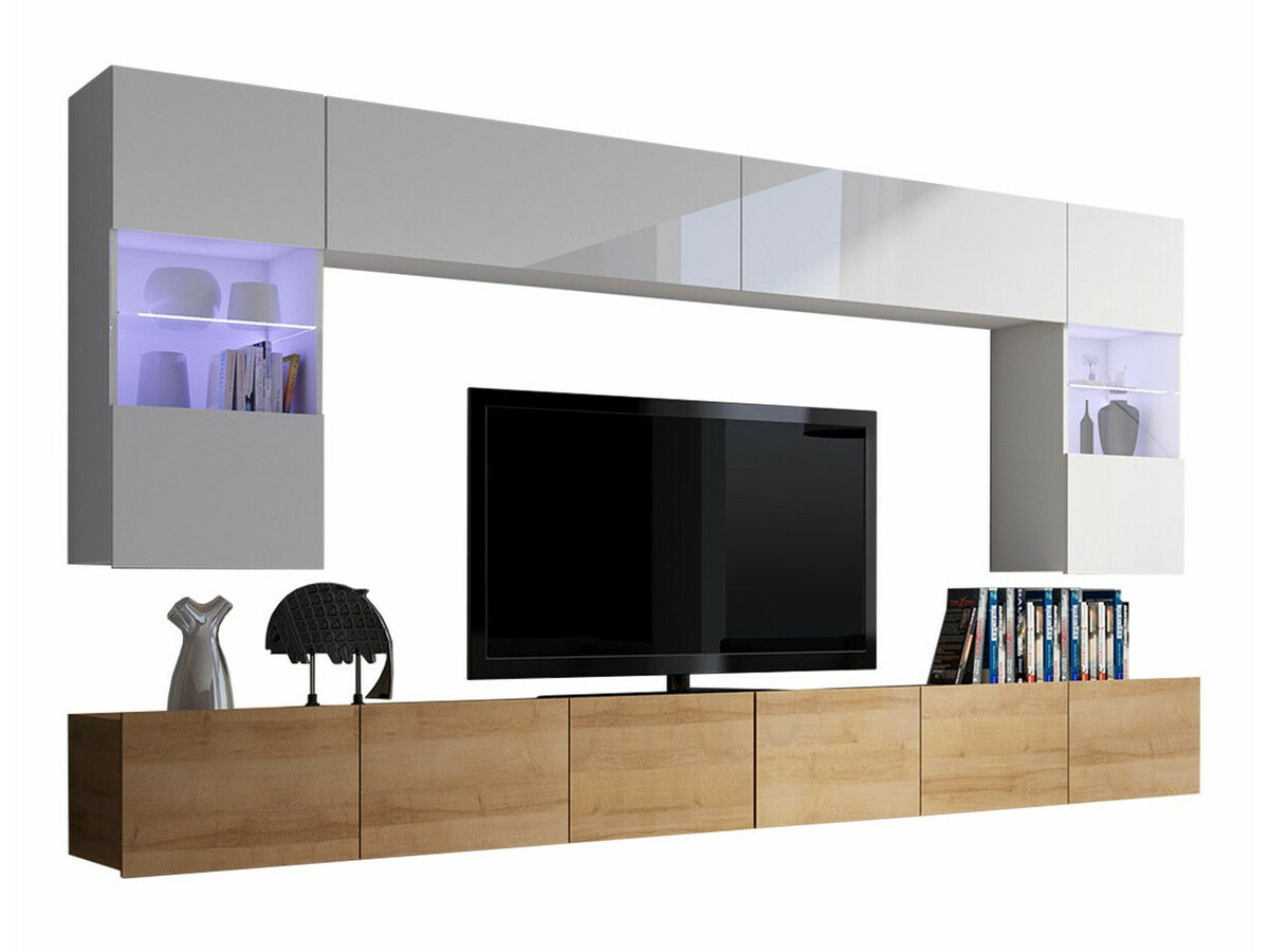 Wohnzimmer-Sets Remus I (Goldene Eichenholzoptik + Weiß + Weiß glänzend)