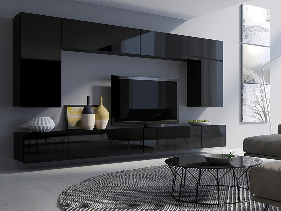 Wohnzimmer-Sets Tivdalu 135 (Schwarz + Schwarz glänzend)