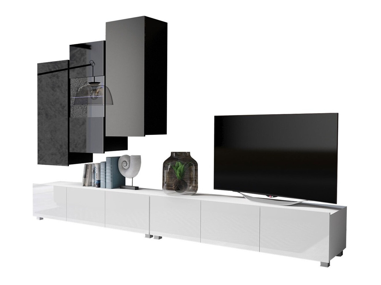 Wohnzimmer-Sets Remus XVII (Weiß + Weiß glänzend + Schwarz + Schwarz glänzend)