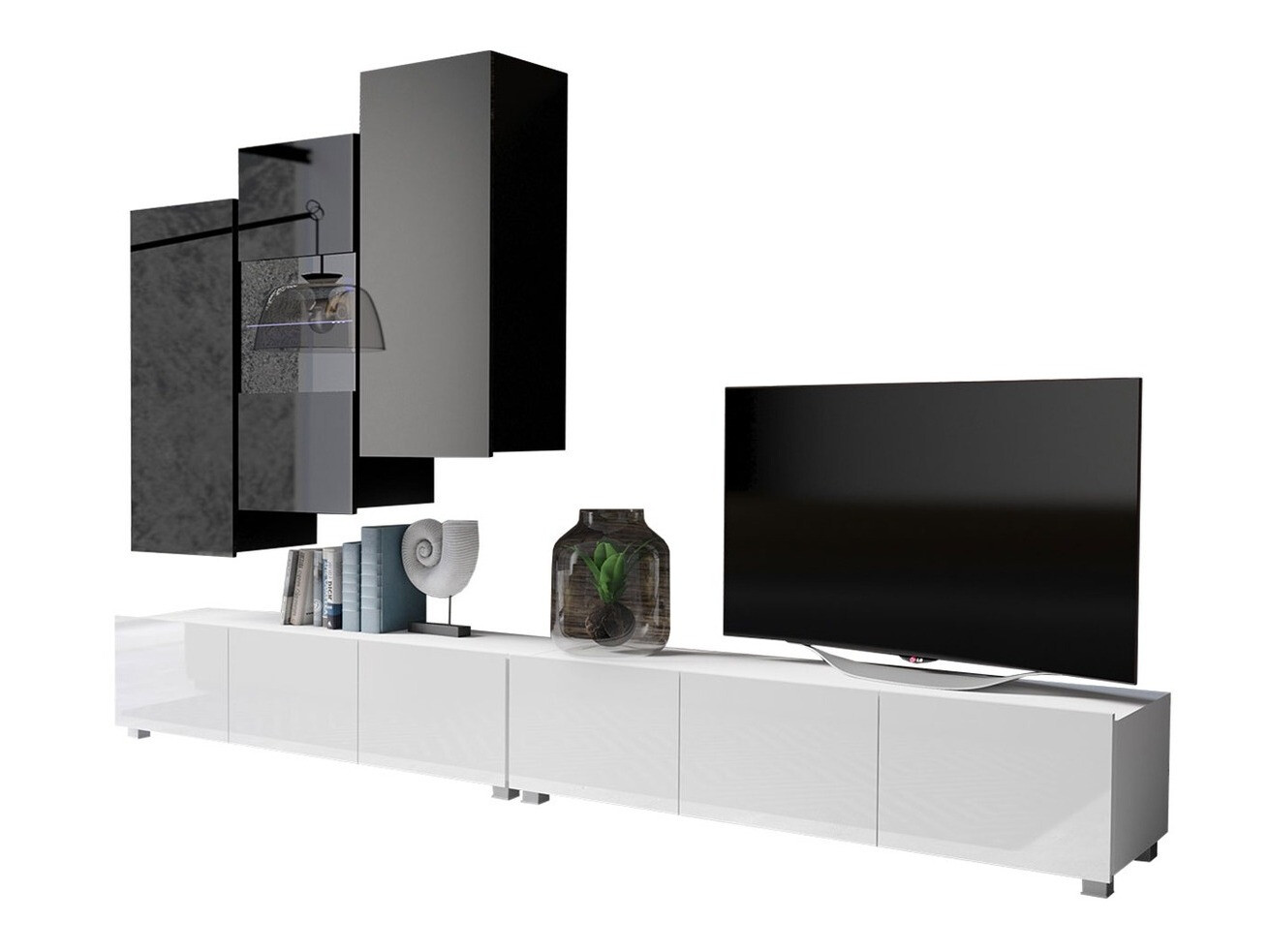 Wohnzimmer-Sets Remus XVII (Weiß + Weiß glänzend + Schwarz + Schwarz glänzend)