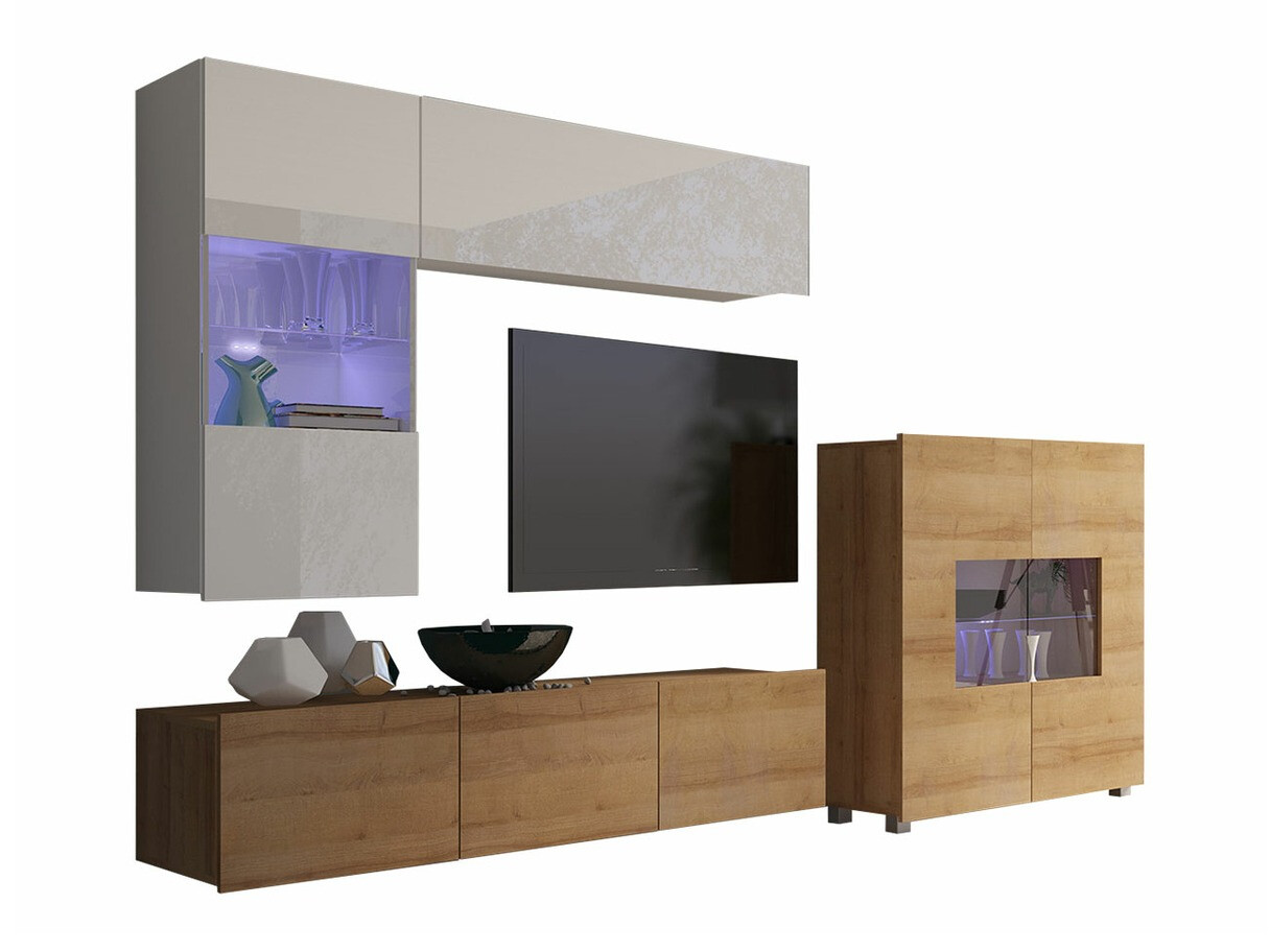 Wohnzimmer-Sets Remus III (Goldene Eichenholzoptik + Weiß + Weiß glänzend)