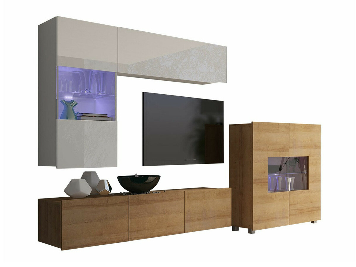 Wohnzimmer-Sets Remus III (Goldene Eichenholzoptik + Weiß + Weiß glänzend)