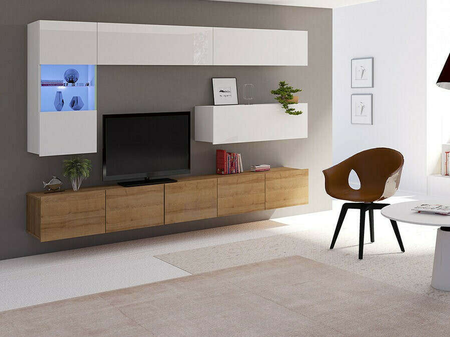 Wohnzimmer-Sets Tivdalu 108 (Goldene Eichenholzoptik + Weiß + Weiß glänzend)