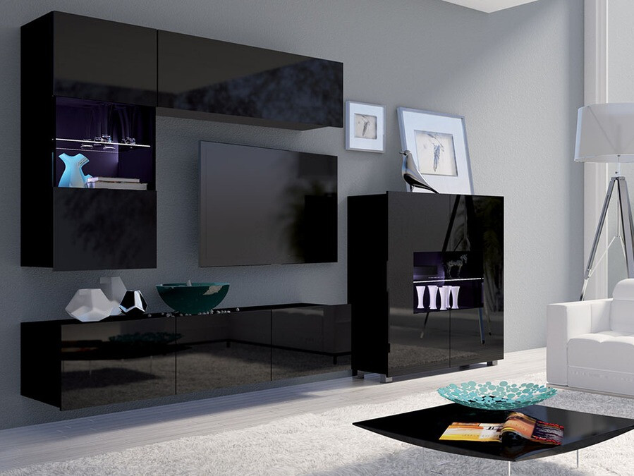 Wohnzimmer-Sets Tivdalu 107 (Schwarz + Schwarz glänzend)