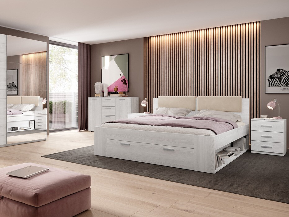 Bett Levruvu 106 (Esche gebleicht + Beige)