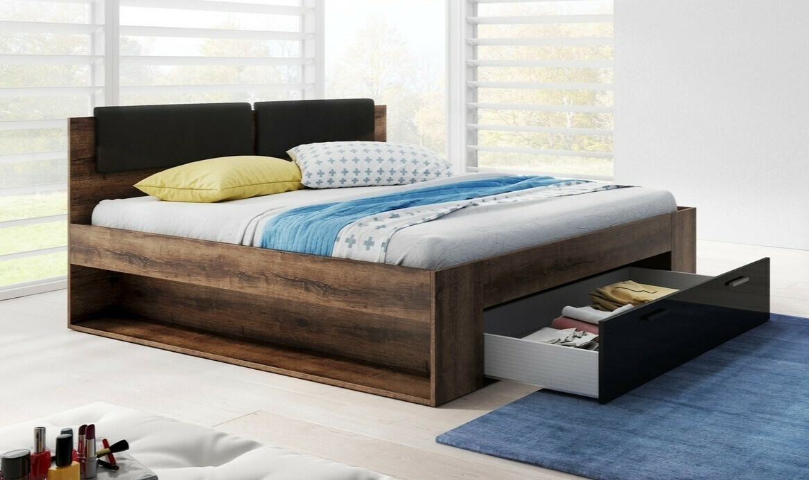 Bett Levruvu 106 (Monastery Eichenholzoptik + Schwarz glänzend)