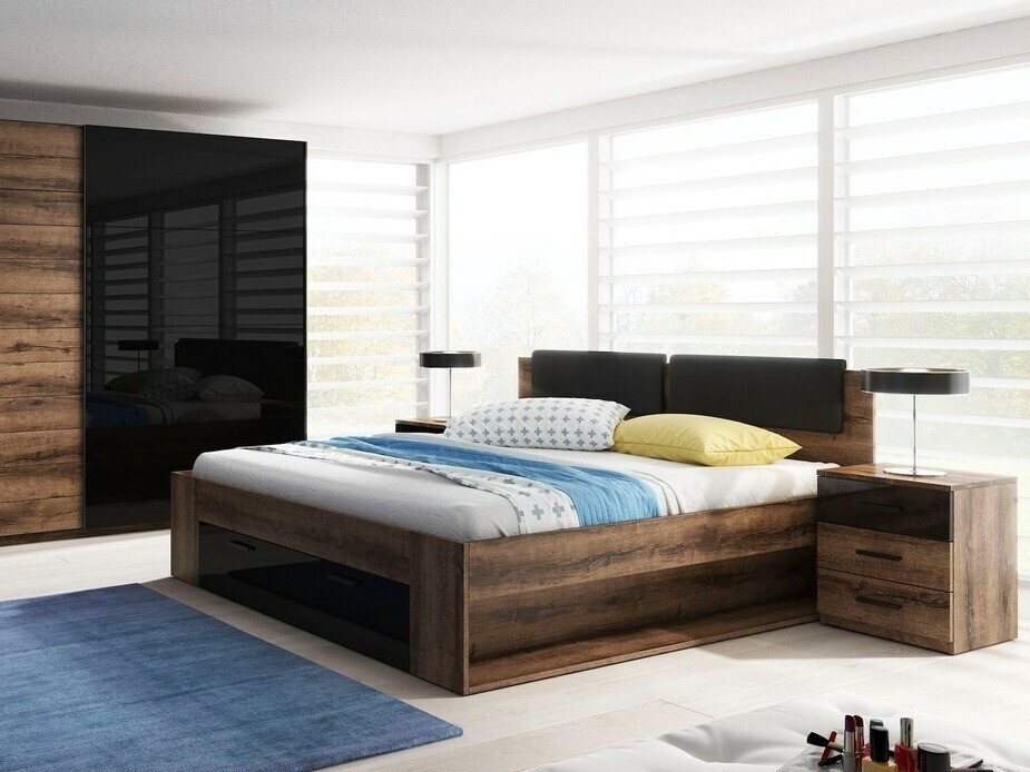 Bett Levruvu 106 (Monastery Eichenholzoptik + Schwarz glänzend)