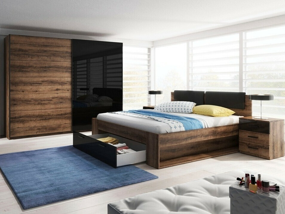 Bett Levruvu 106 (Monastery Eichenholzoptik + Schwarz glänzend)