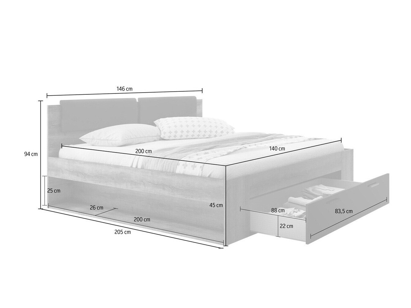 Bett Levruvu 106 (Monastery Eichenholzoptik + Schwarz glänzend)