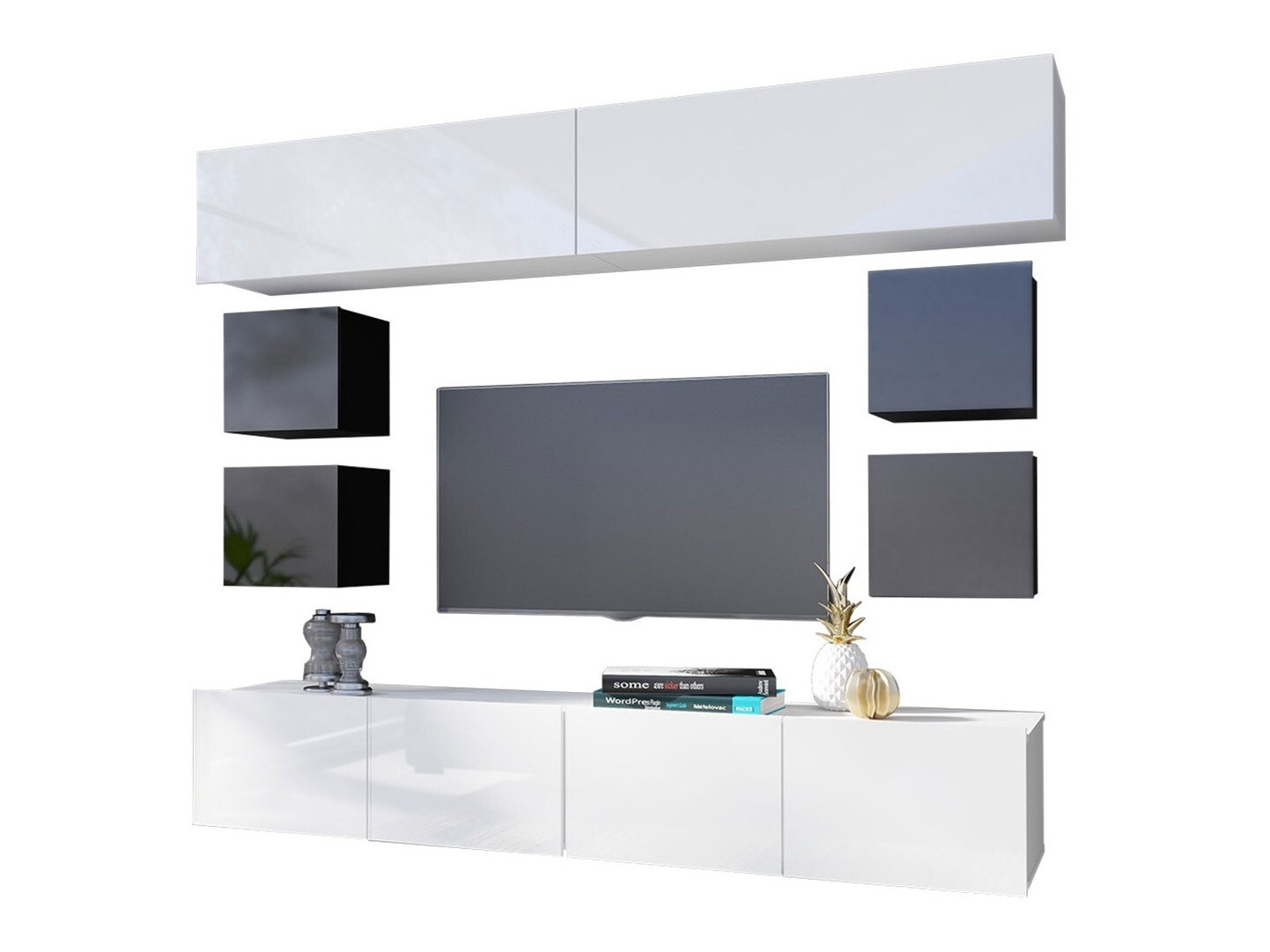 Wohnzimmer-Sets Remus XVI (Schwarz + Schwarz glänzend + Weiß + Weiß glänzend)