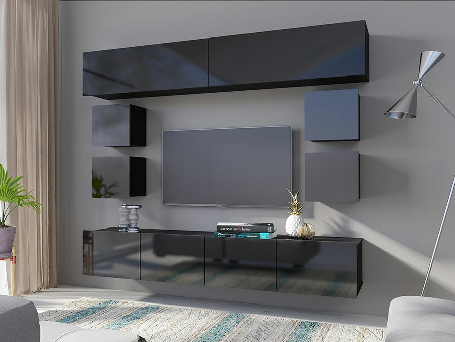 Wohnzimmer-Sets Tivdalu 134 (Schwarz + Schwarz glänzend)