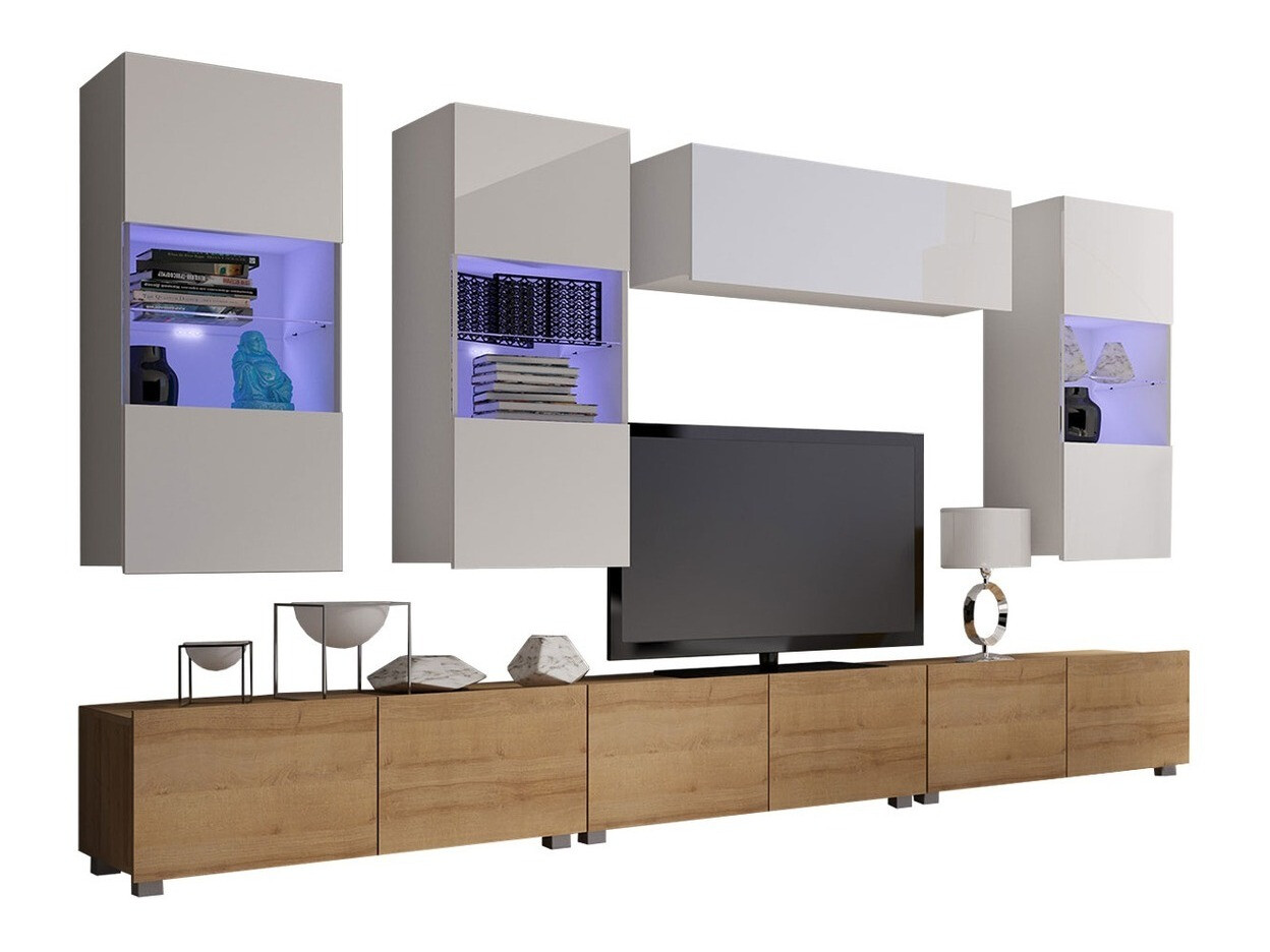 Wohnzimmer-Sets Remus XI (Goldene Eichenholzoptik + Weiß + Weiß glänzend)