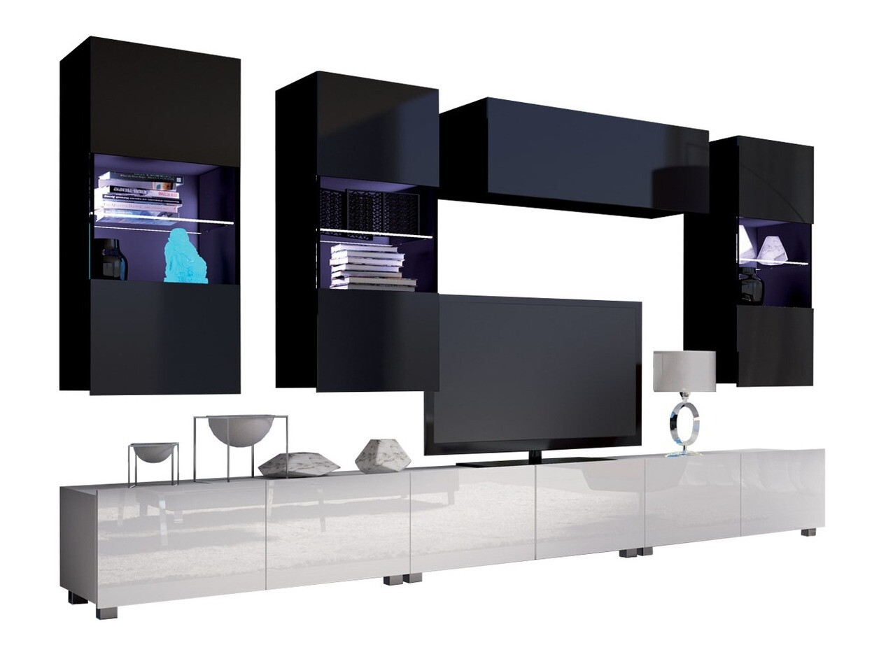 Wohnzimmer-Sets Remus XI (Weiß + Weiß glänzend + Schwarz + Schwarz glänzend)