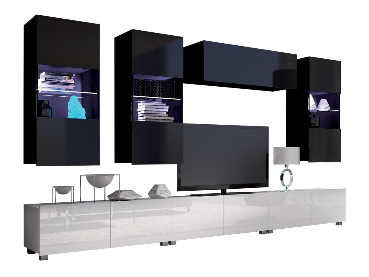 Wohnzimmer-Sets Remus XI (Weiß + Weiß glänzend + Schwarz + Schwarz glänzend)