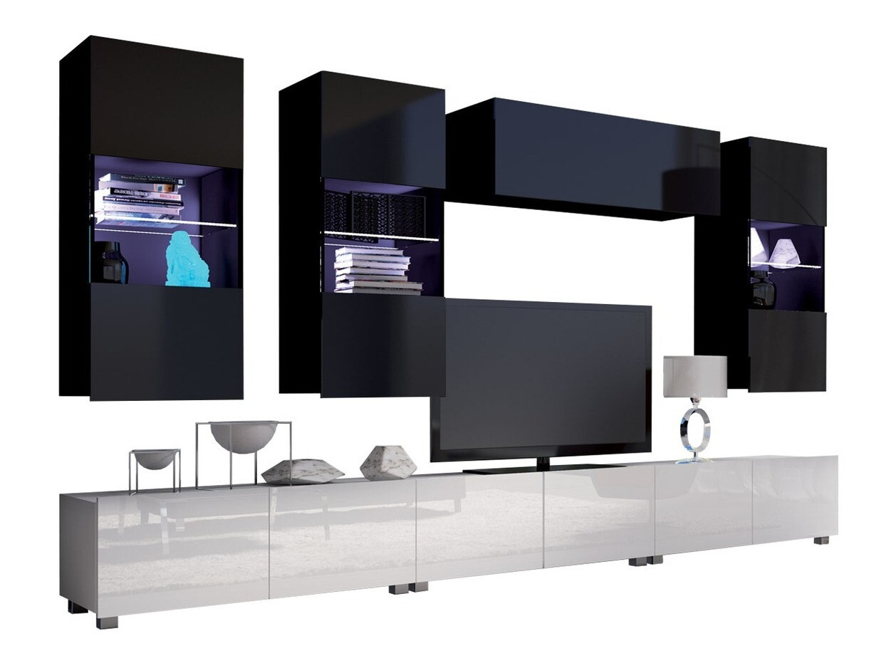 Wohnzimmer-Sets Remus XI (Weiß + Weiß glänzend + Schwarz + Schwarz glänzend)