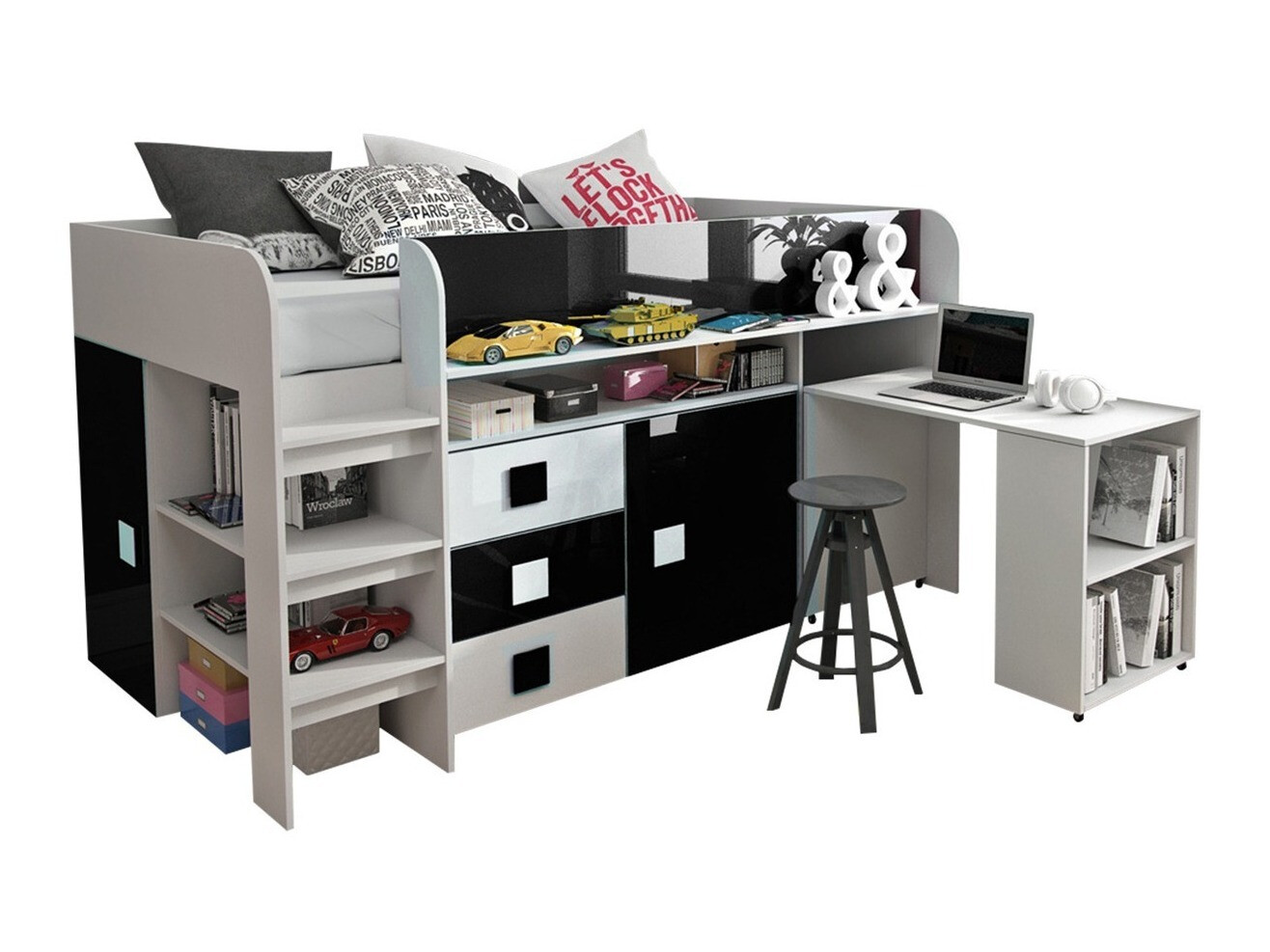 Bett Hartford 190 (Weiß + Schwarz glänzend + Weiß glänzend)