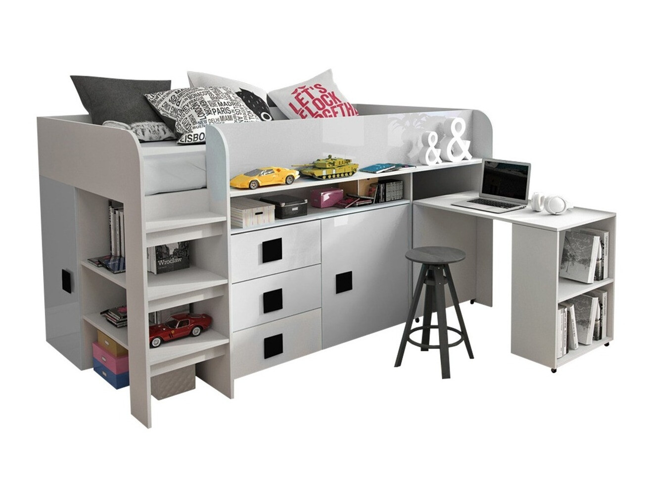 Bett Hartford 190 (Weiß + Weiß glänzend + Schwarz glänzend)