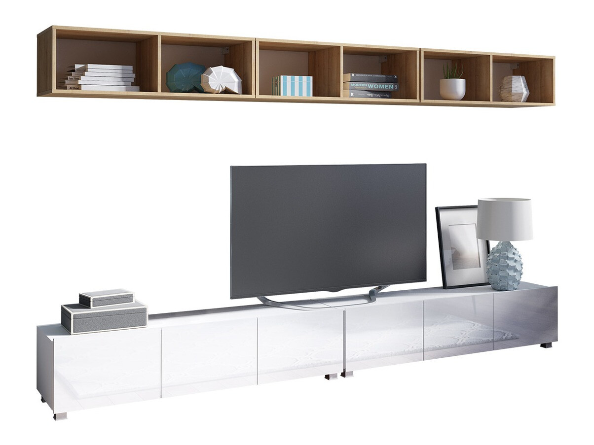 Wohnzimmer-Sets Remus XXXIII (Weiß + Weiß glänzend + Goldene Eichenholzoptik)