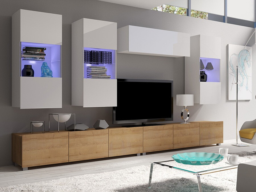 Wohnzimmer-Sets Tivdalu 109 (Goldene Eichenholzoptik + Weiß + Weiß glänzend)