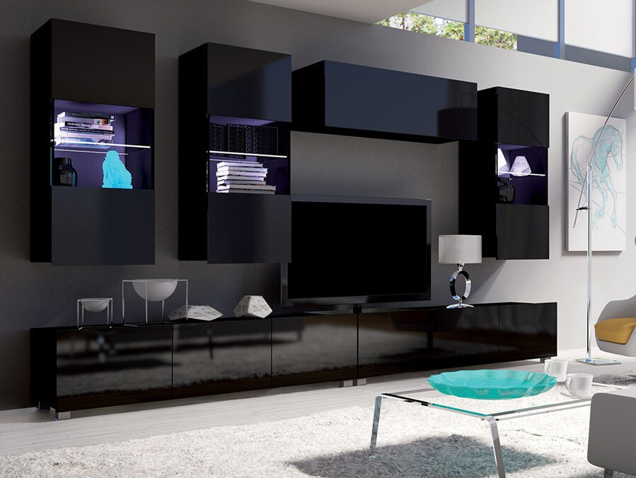 Wohnzimmer-Sets Tivdalu 109 (Schwarz + Schwarz glänzend)