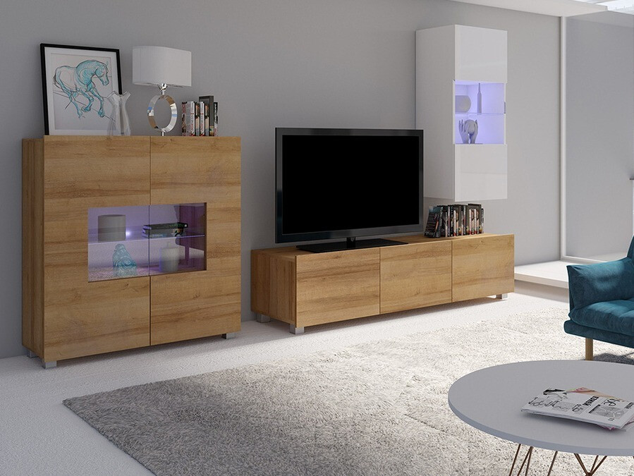 Wohnzimmer-Sets Tivdalu 111 (Goldene Eichenholzoptik + Weiß + Weiß glänzend)