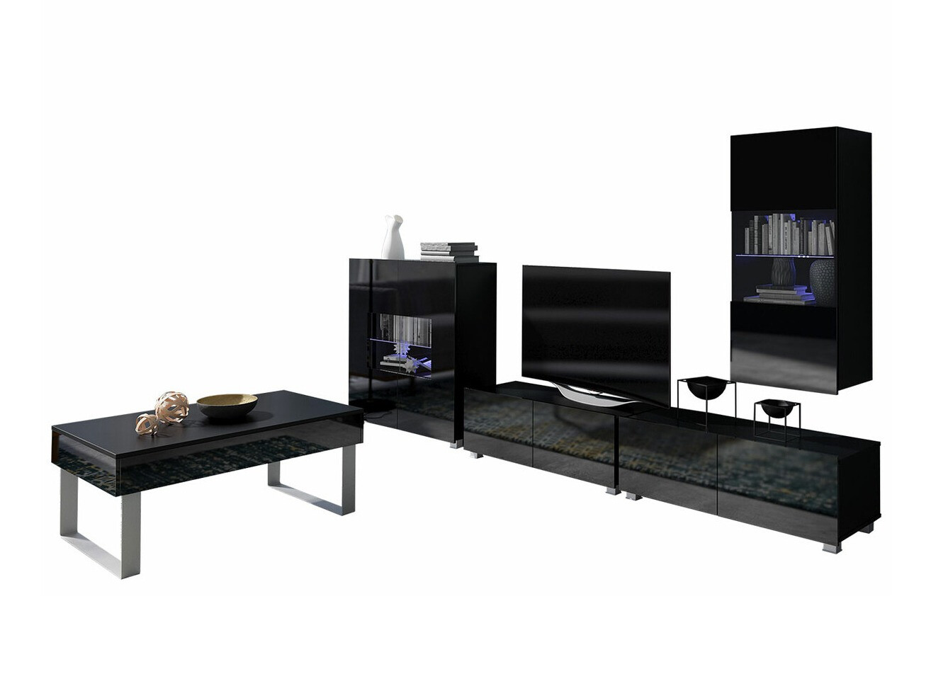 Wohnzimmer-Sets Tivdalu 140 (Schwarz + Schwarz glänzend)