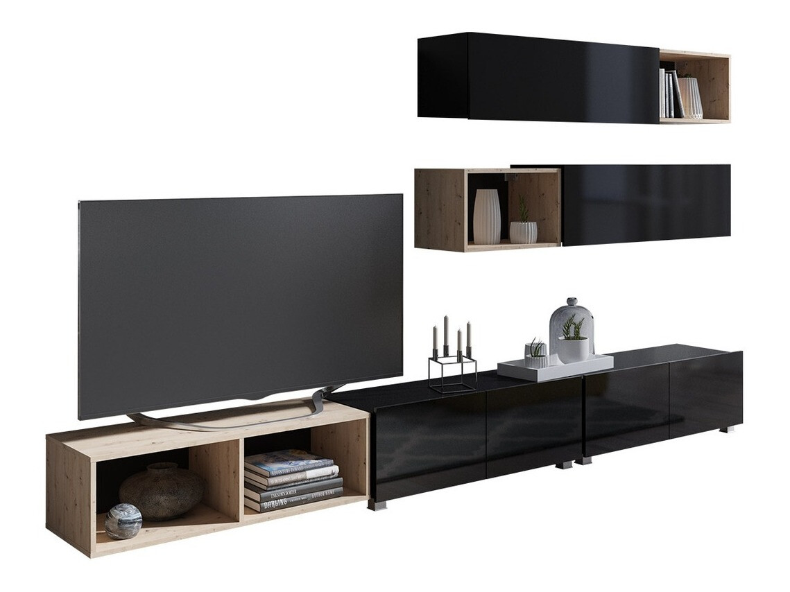 Wohnzimmer-Sets Remus XXV (Schwarz + Schwarz glänzend + Artisan Eichenholzoptik)