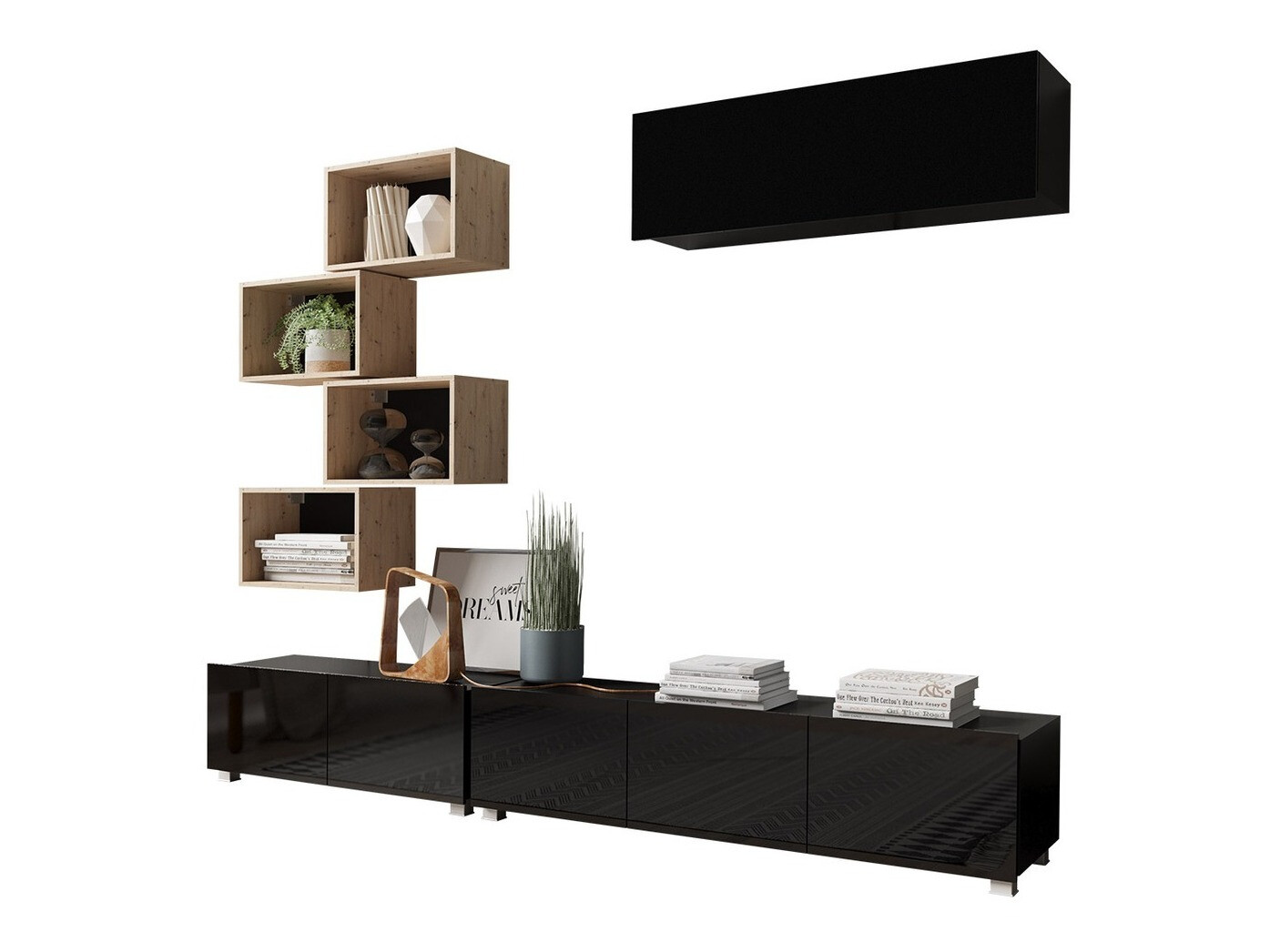 Wohnzimmer-Sets Tivdalu 149 (Schwarz + Schwarz glänzend + Artisan Eichenholzoptik)