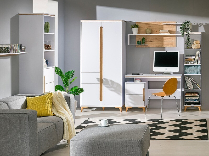 Kleiderschrank Ogden H100 (Weiß + Helles Holz)