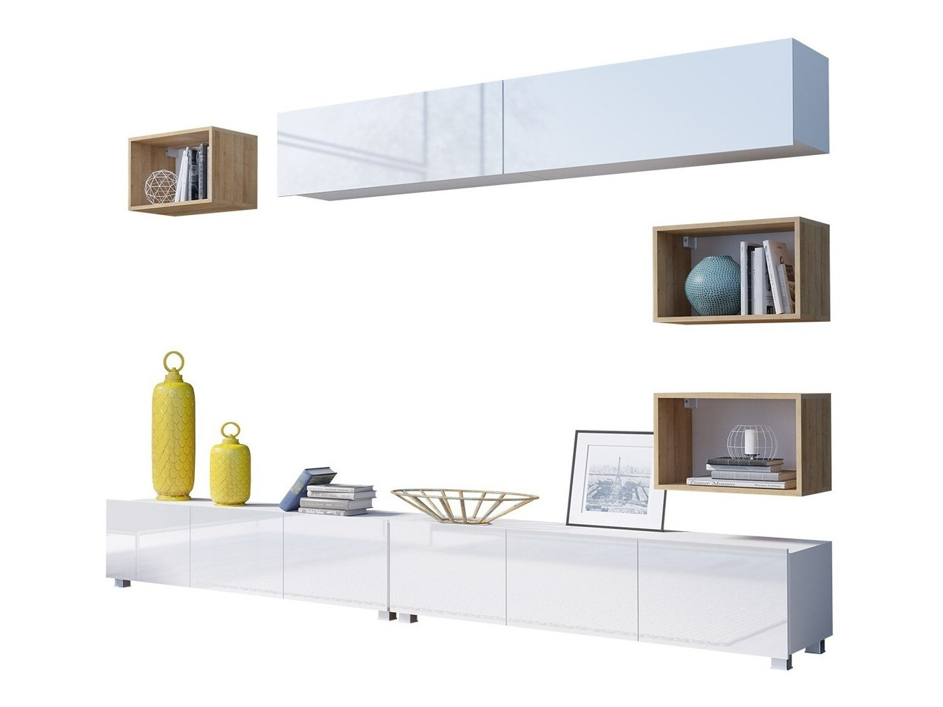 Wohnzimmer-Sets Tivdalu 151 (Weiß + Weiß glänzend + Goldene Eichenholzoptik)