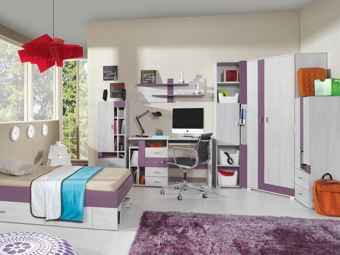 Eckkleiderschrank Omaha D124 (Kiefernholzoptik gebleicht + Lila)