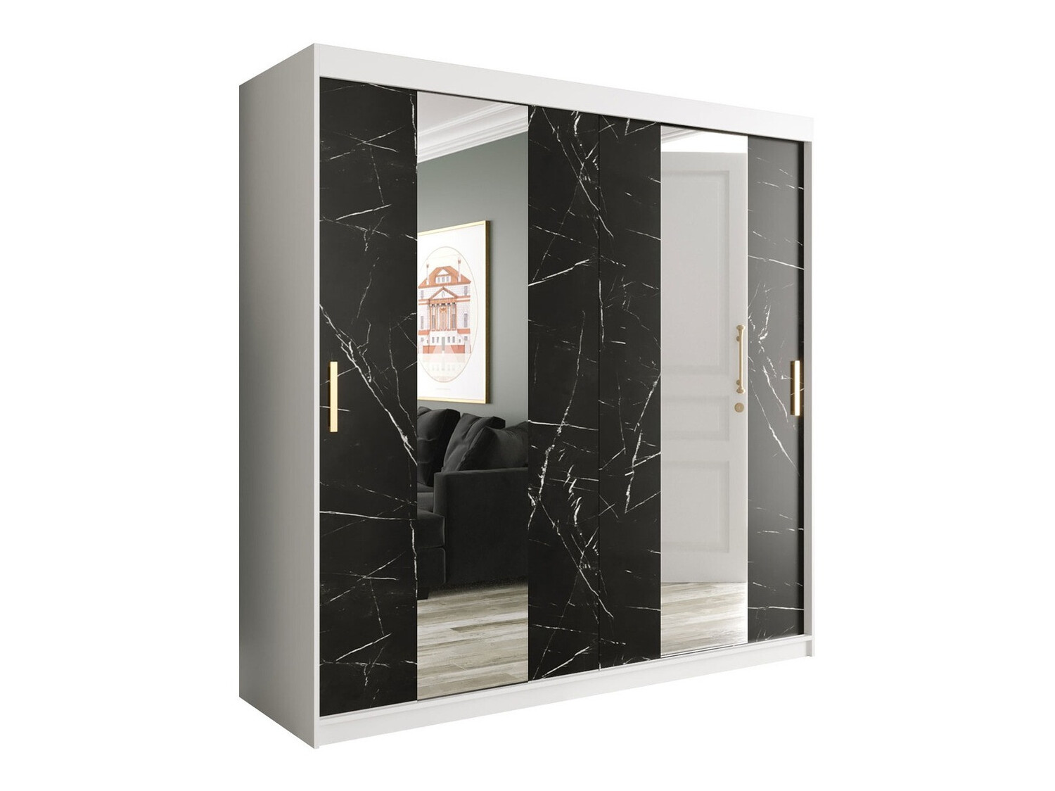 Kleiderschrank Hartford 244 (Matt weiß + Schwarzer Marmor)