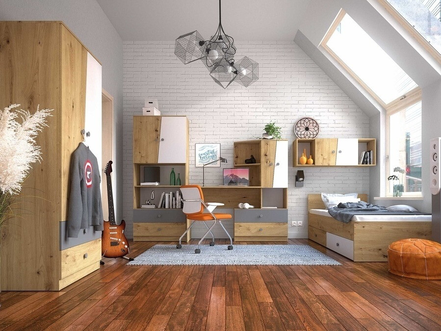 Hängeschrank Mirelbu 111 (Artisan Eichenholzoptik + Weiß glänzend + Grau)