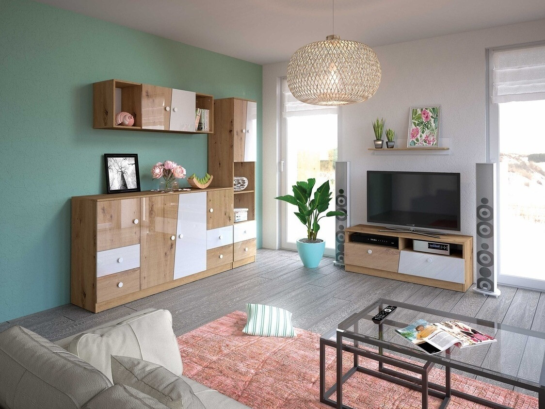 Hängeschrank Mirelbu 111 (Artisan Eichenholzoptik + Weiß glänzend + Schwarz)