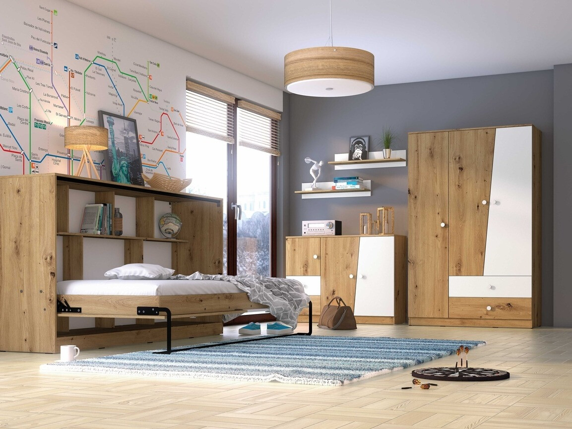 Kleiderschrank Mirelbu 102 (Artisan Eichenholzoptik + Weiß glänzend)