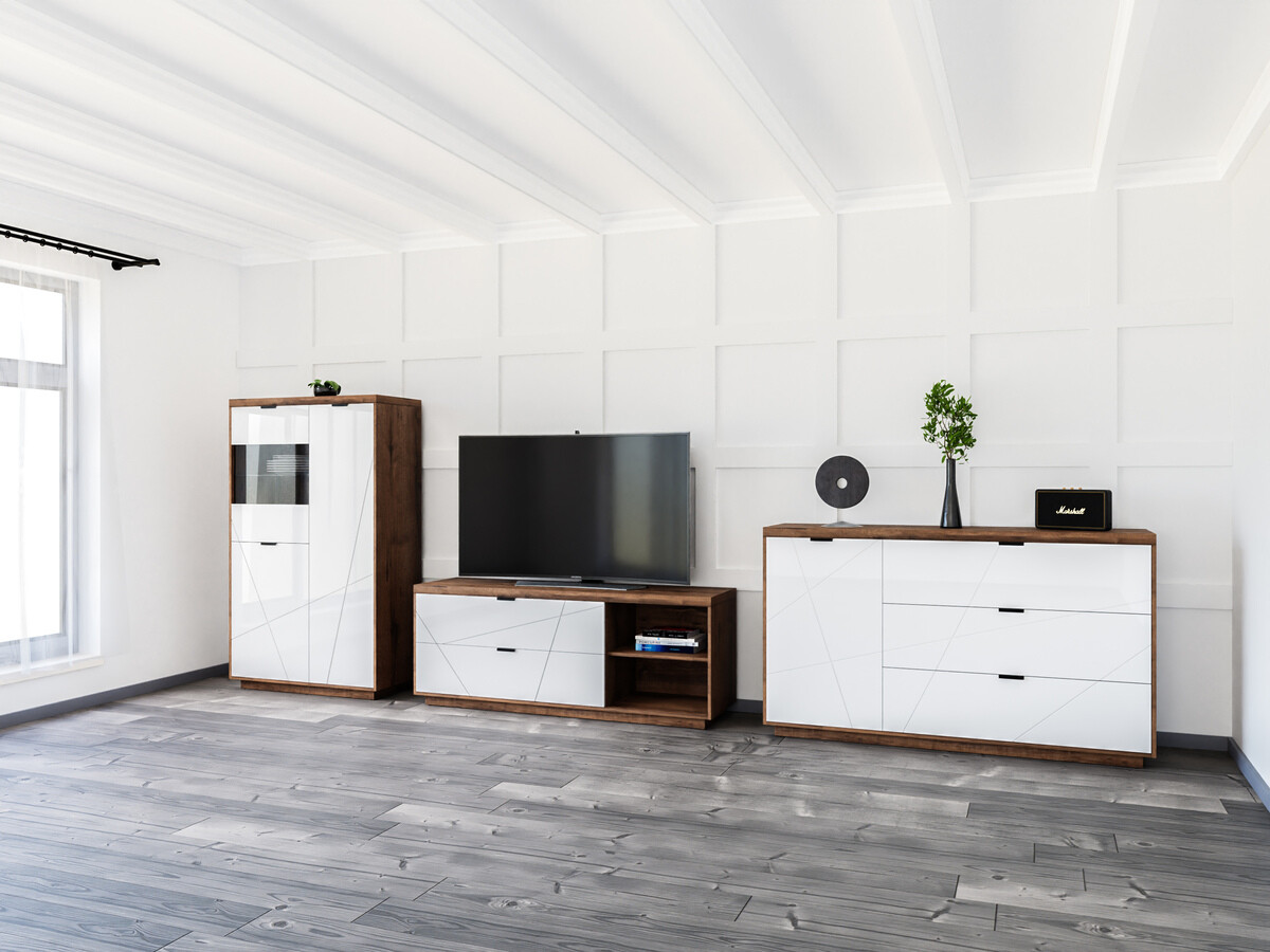 Wohnzimmer-Sets Fivale 110 (Dunkle Delano-Eiche + Weiß glänzend)