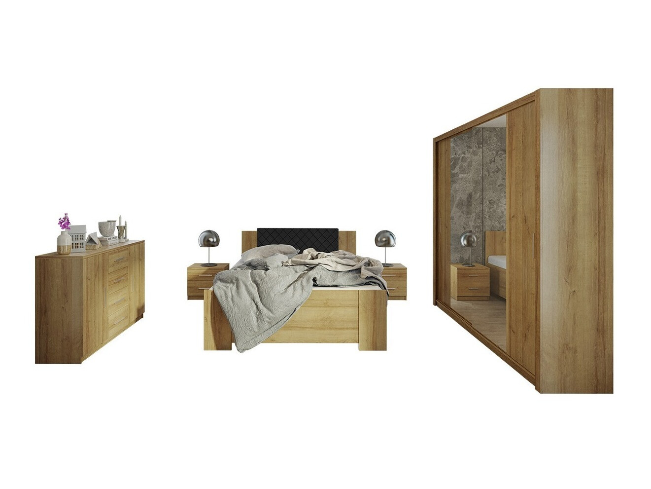 Schlafzimmer-Set Catromi 115 (Goldene Eichenholzoptik + Soft Pik 011)